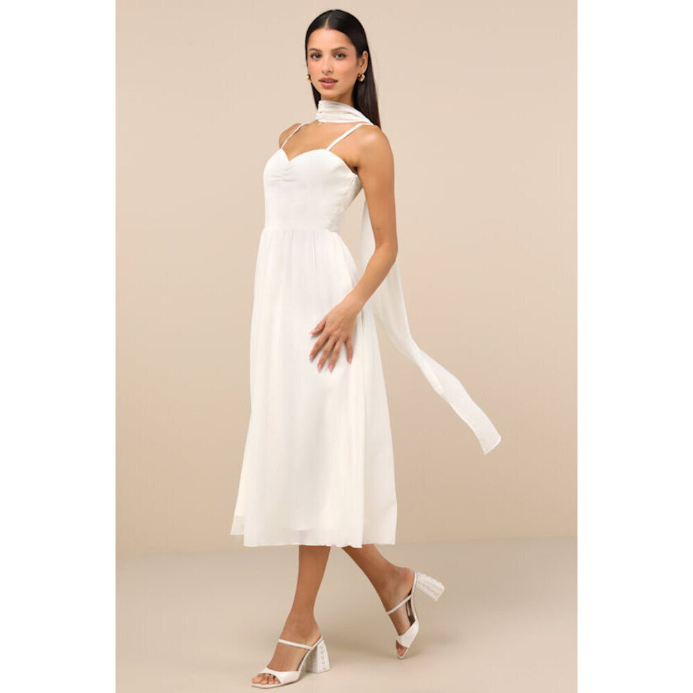 Lulus Irresistibly Darling Ivory Chiffon Midi Dress And Scarf Set White